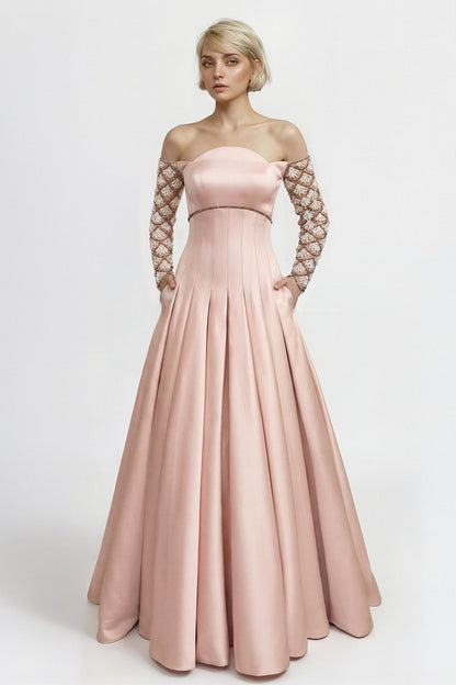 Off-Shoulder Beaded-Sleeve Gown