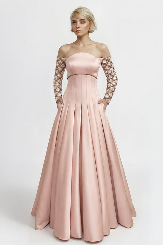 Off-Shoulder Beaded-Sleeve Gown