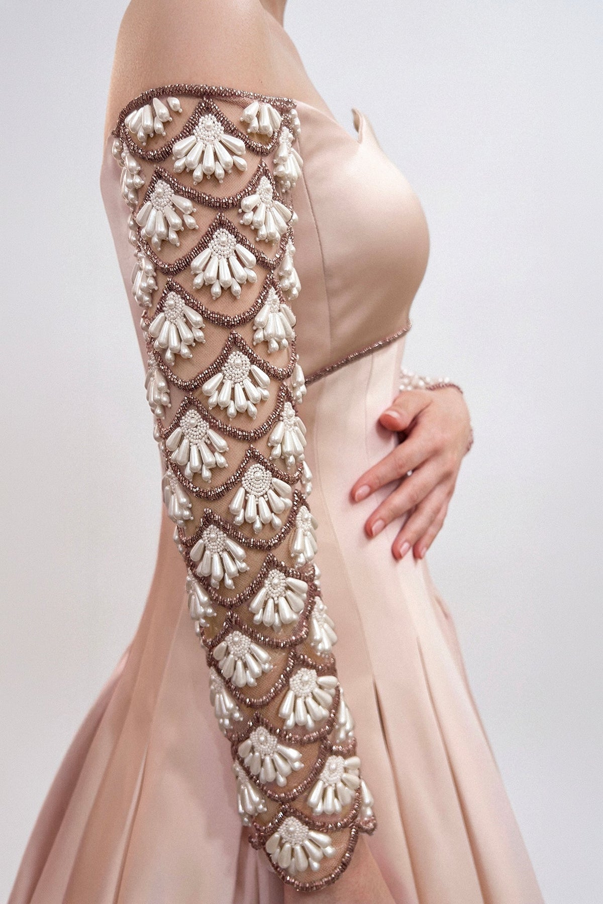 Off-Shoulder Beaded-Sleeve Gown