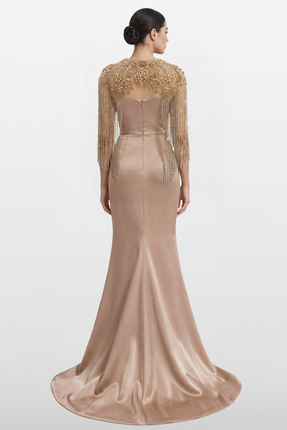Draped Satin Fringe-Cape Gown