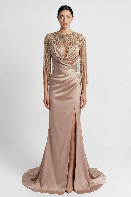 Crystal-Fringe Draped Satin Gown