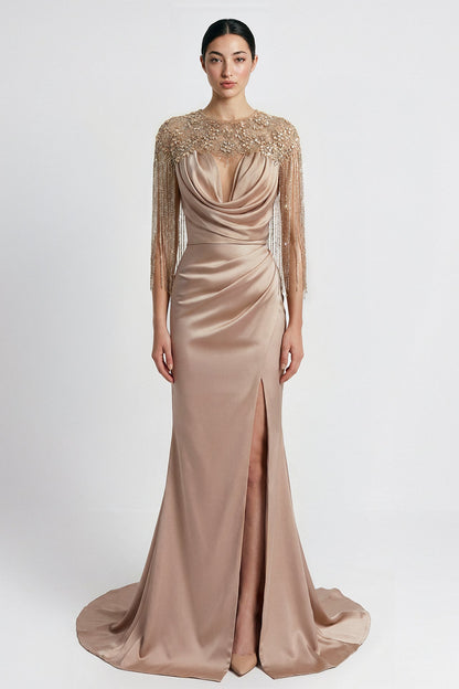 Draped Satin Fringe-Cape Gown