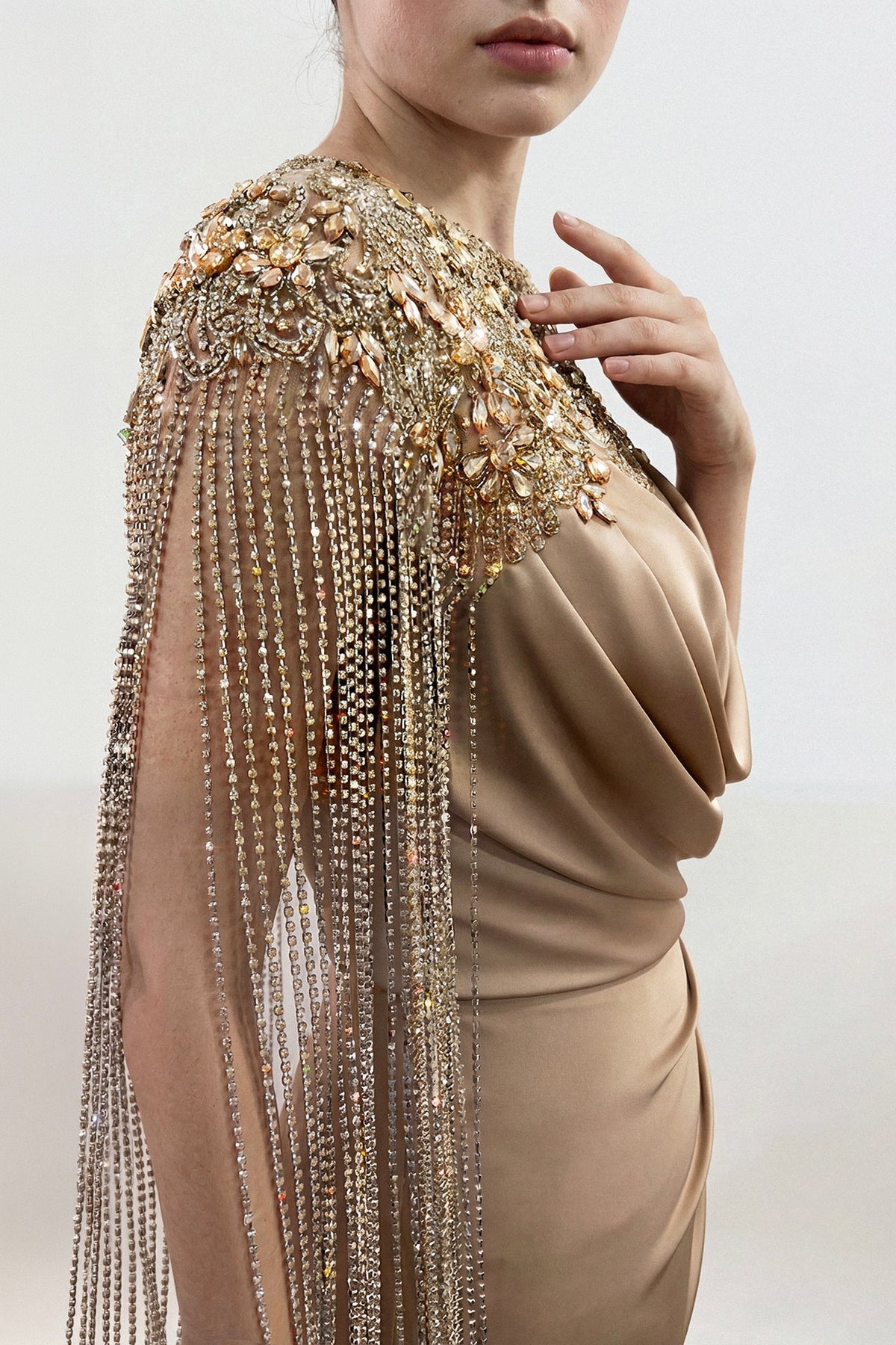 Draped Satin Fringe-Cape Gown