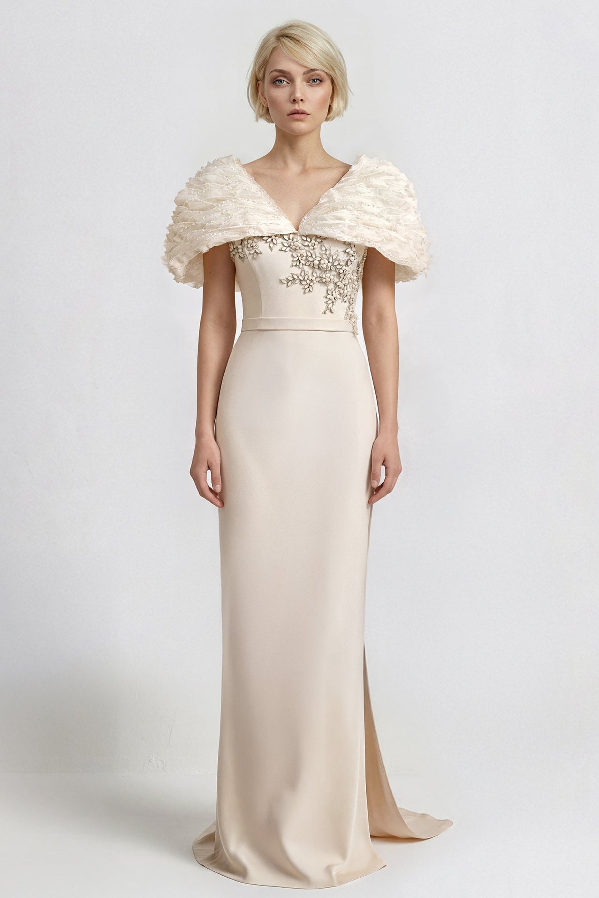 V-Neck Organza Cape-Sleeve Gown