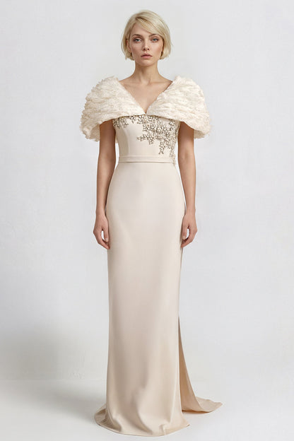 V-Neck Organza Cape-Sleeve Gown