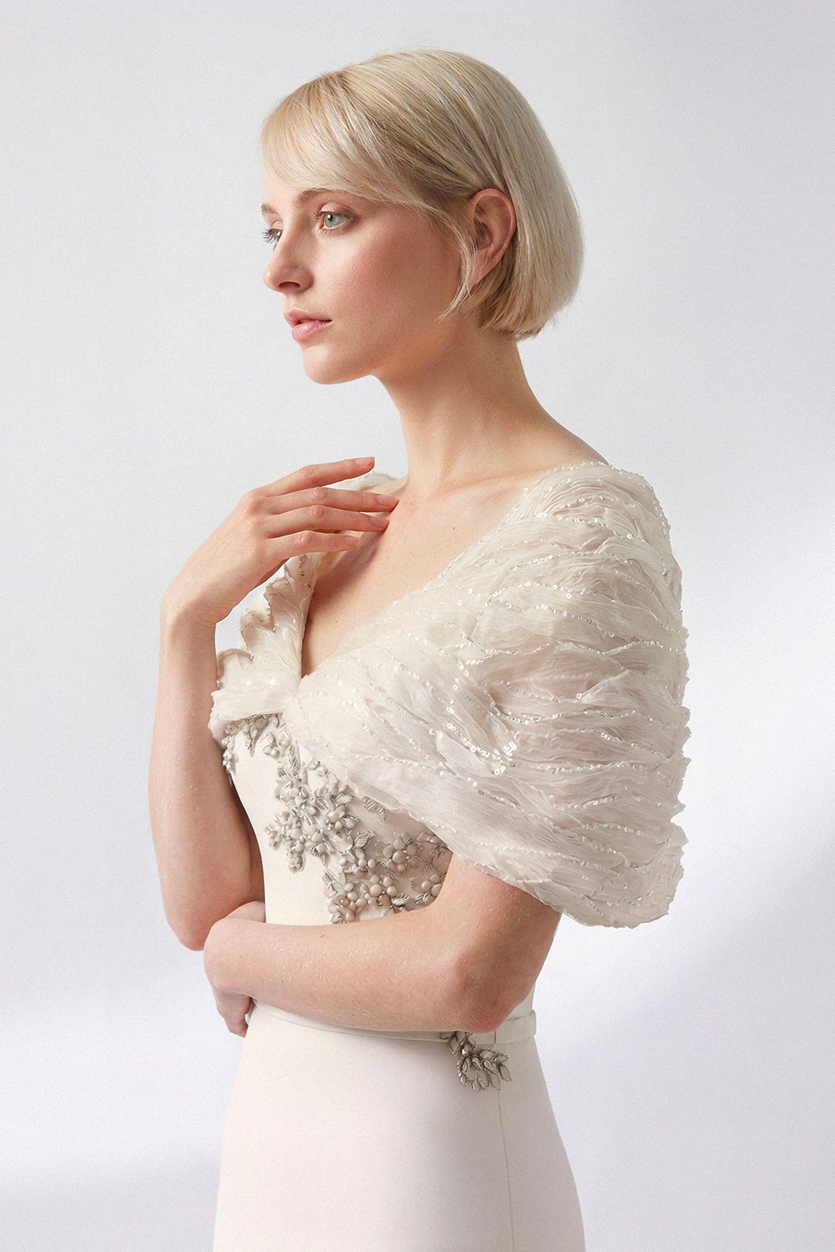 V-Neck Organza Cape-Sleeve Gown