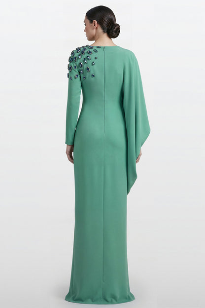 Asymmetric Cape-Sleeve Gown