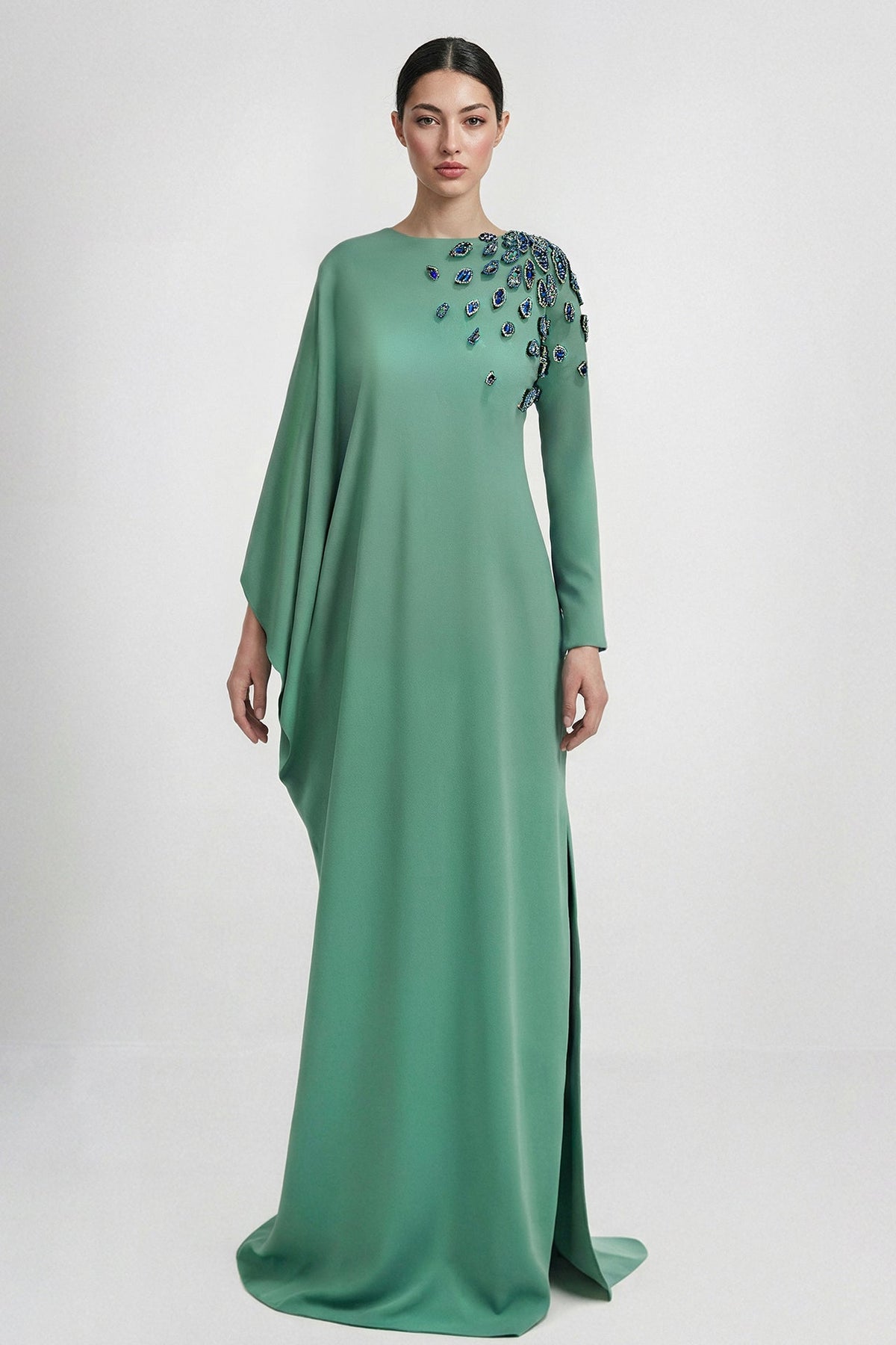 Asymmetric Cape-Sleeve Gown
