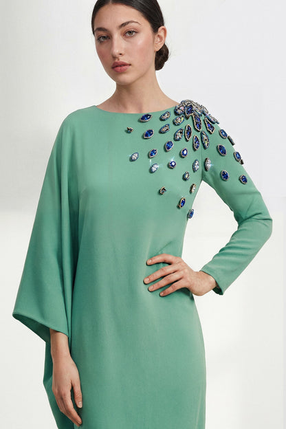 Asymmetric Cape-Sleeve Gown