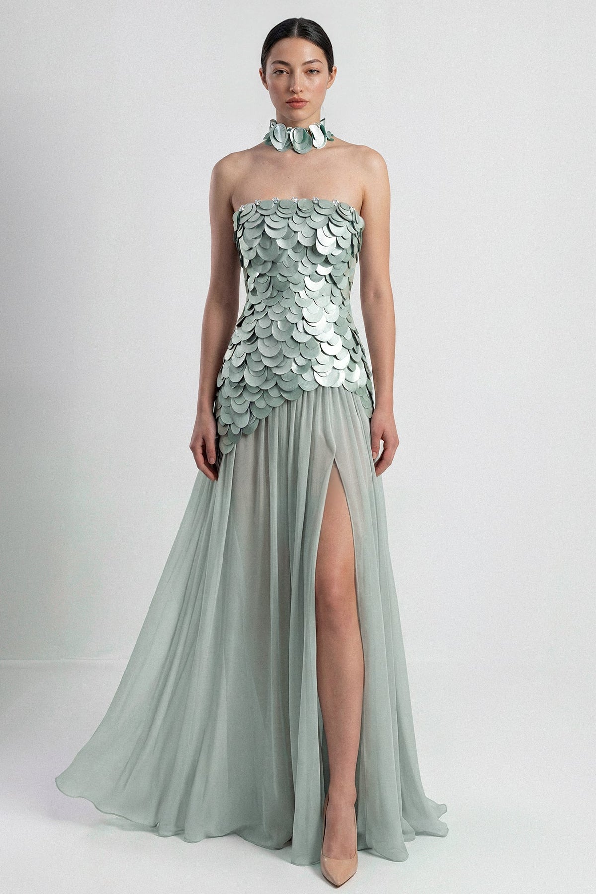 Strapless Paillette Slit Gown