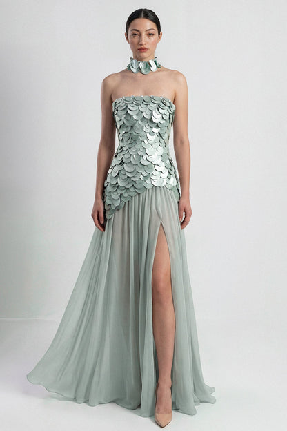 Strapless Paillette Slit Gown