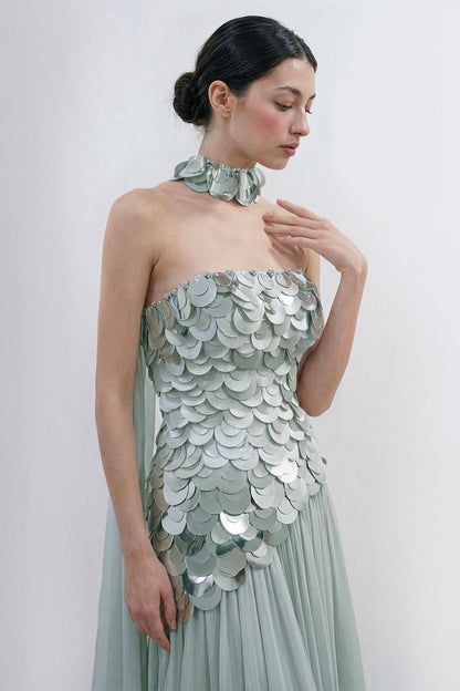 Strapless Paillette Slit Gown