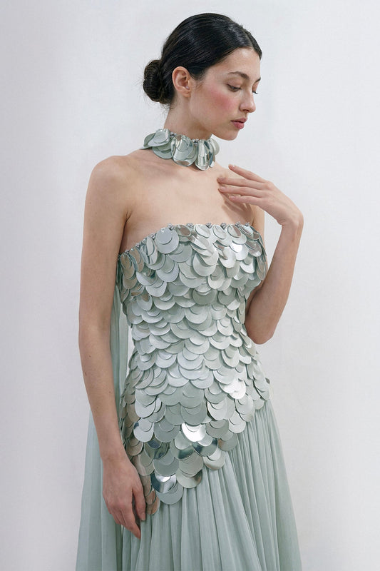 Strapless Paillette Slit Gown