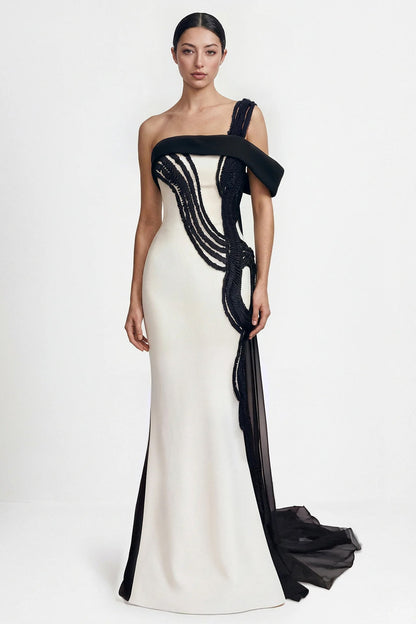 One-Shoulder Beaded Swirl Gown