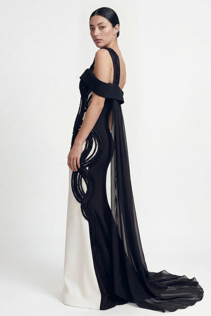 One-Shoulder Beaded Swirl Gown