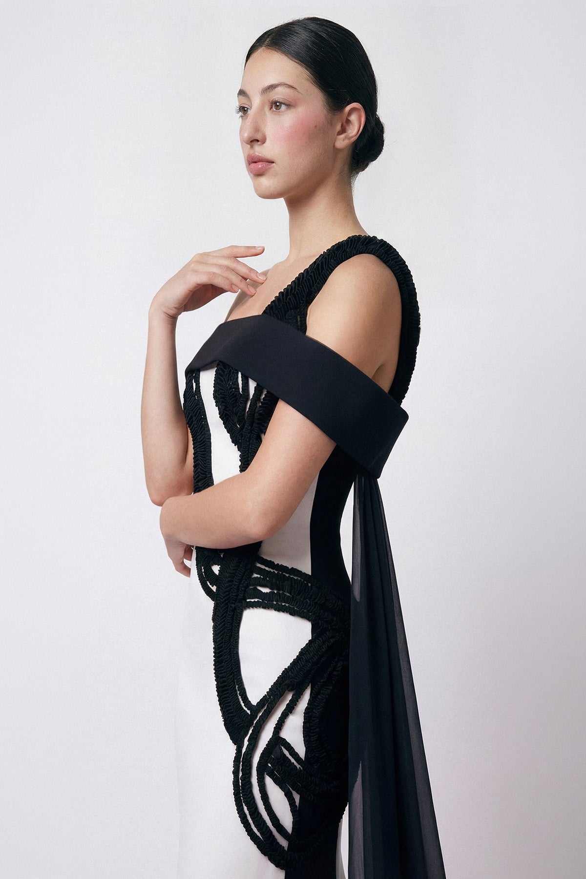 One-Shoulder Beaded Swirl Gown