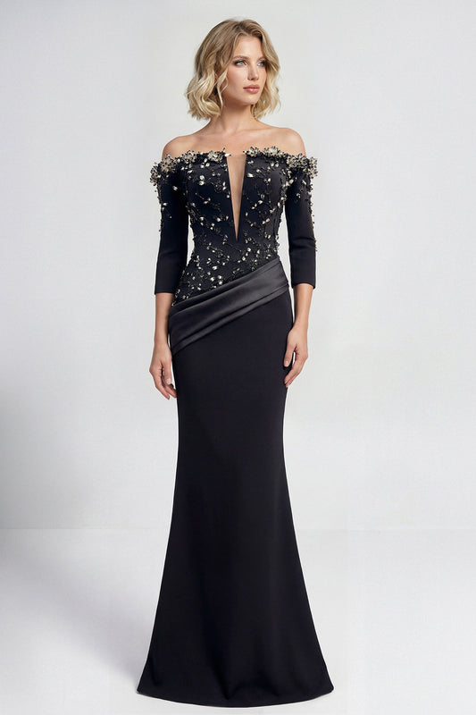 Off-Shoulder Beaded Floral Gown