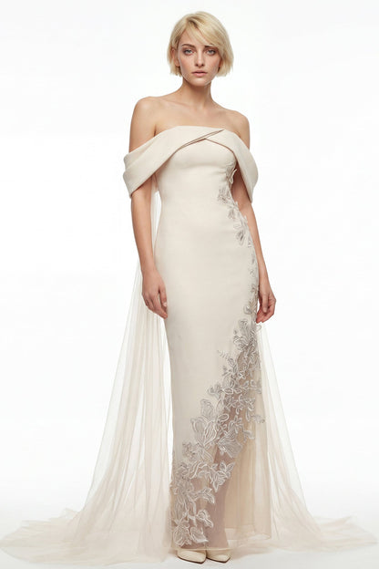 Off-Shoulder Draped Tulle-Cape Gown