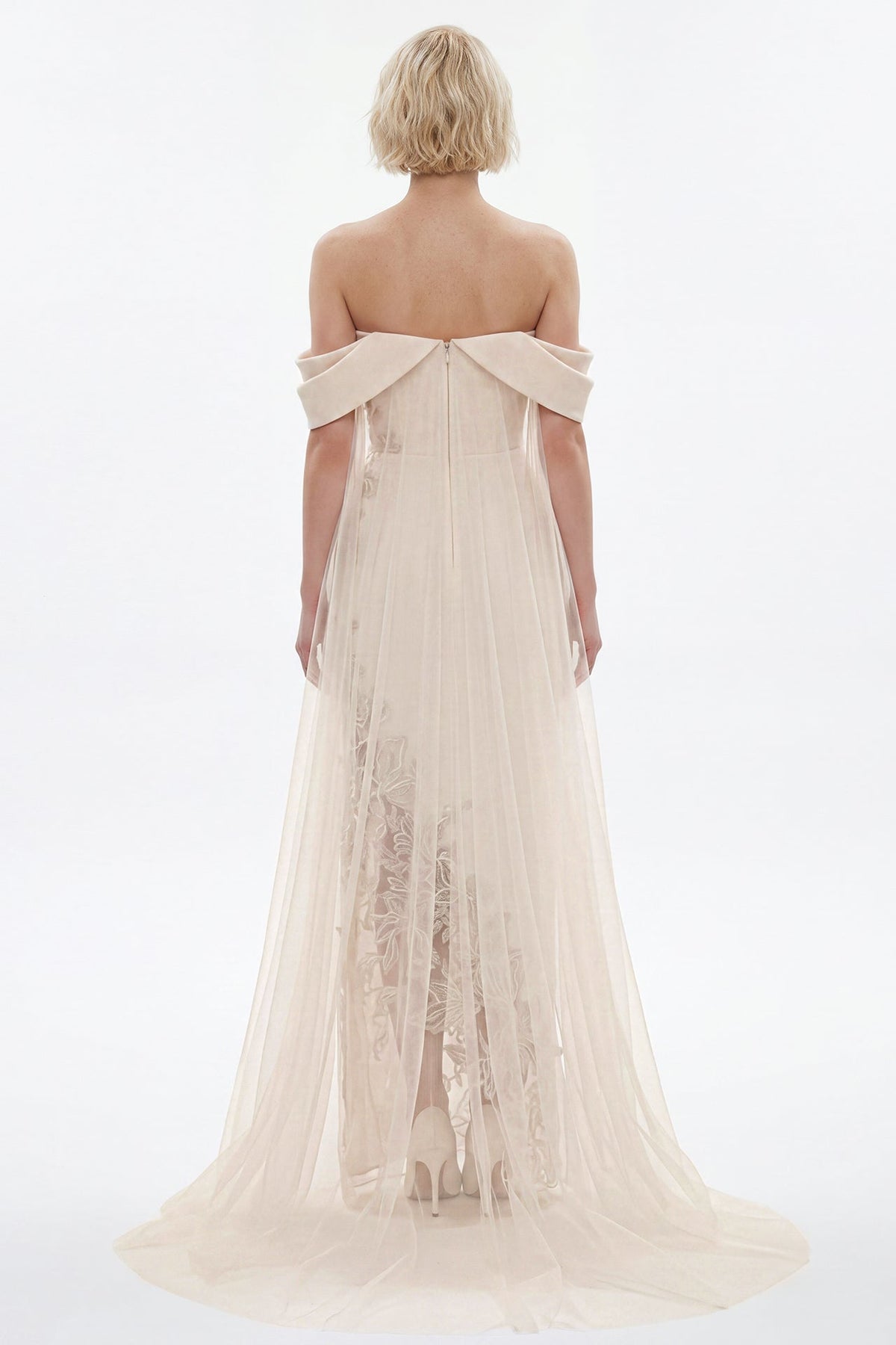 Off-Shoulder Draped Tulle-Cape Gown