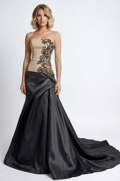 Strapless Embroidered Drop-Waist Gown