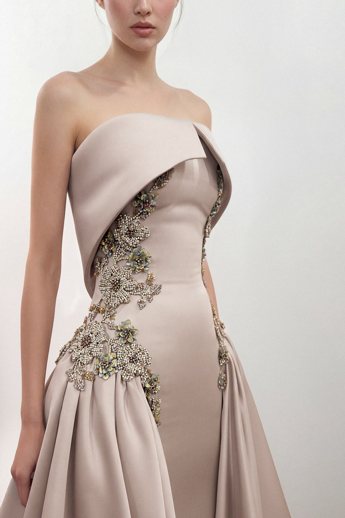 Strapless Floral-Embroidered Overskirt Gown