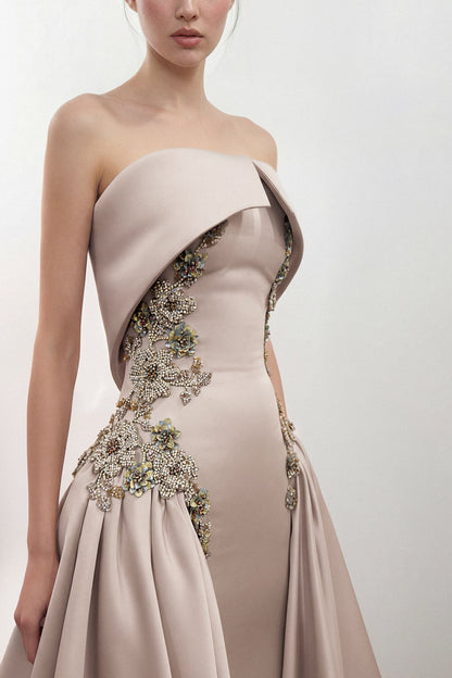 Strapless Floral-Embroidered Overskirt Gown