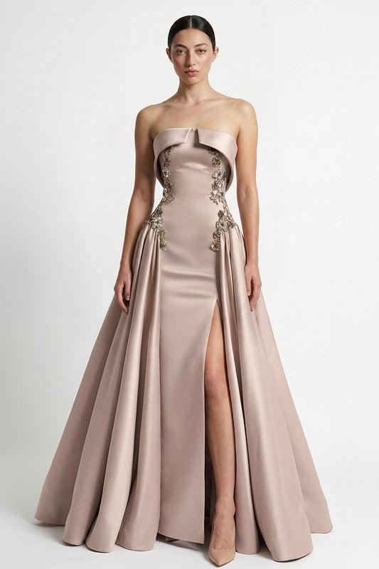 Strapless Floral-Embroidered Overskirt Gown
