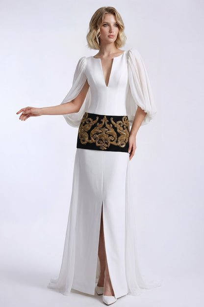 Embroidered Waistband Cape-Sleeve Gown