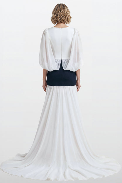 Embroidered Waistband Cape-Sleeve Gown
