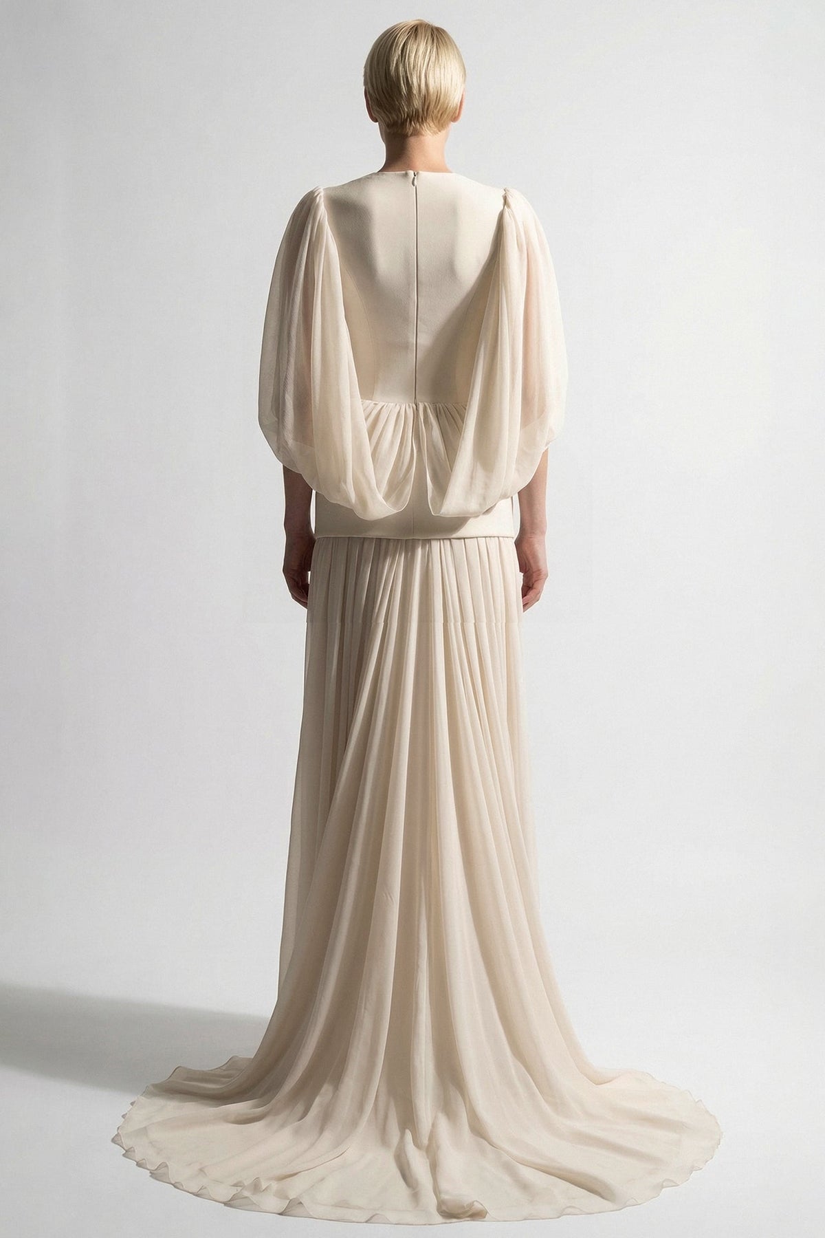 Embroidered Peplum Cape-Sleeve Gown