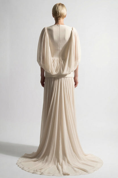 Embroidered Peplum Cape-Sleeve Gown