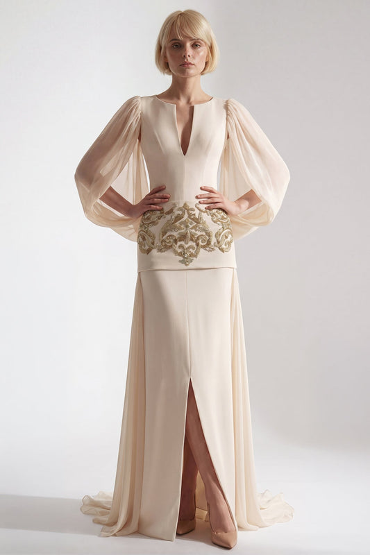 Embroidered Peplum Cape-Sleeve Gown