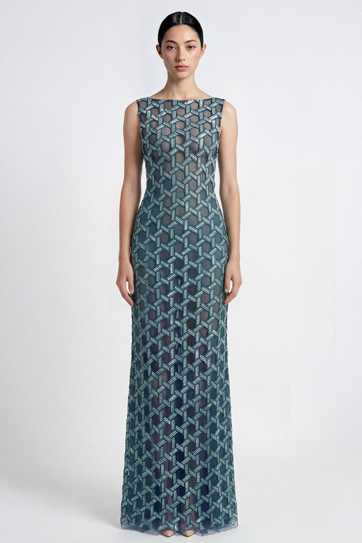 Bateau-Neck Beaded Overskirt Gown