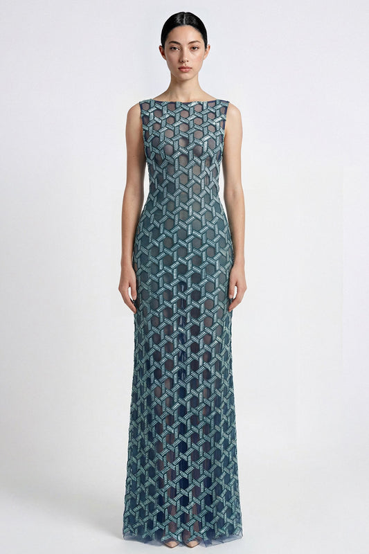 Bateau-Neck Beaded Overskirt Gown