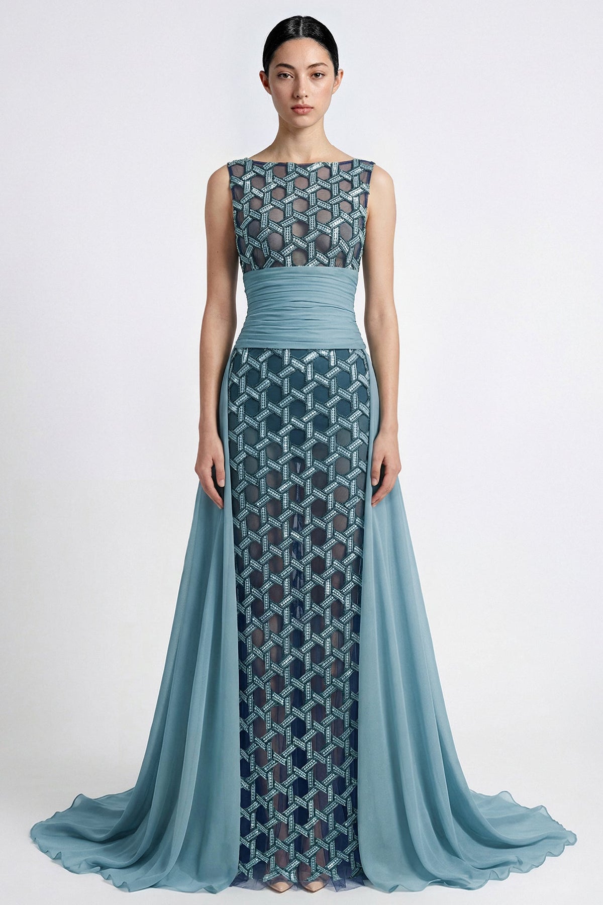 Bateau-Neck Beaded Overskirt Gown