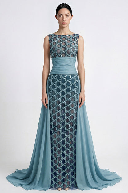Bateau-Neck Beaded Overskirt Gown