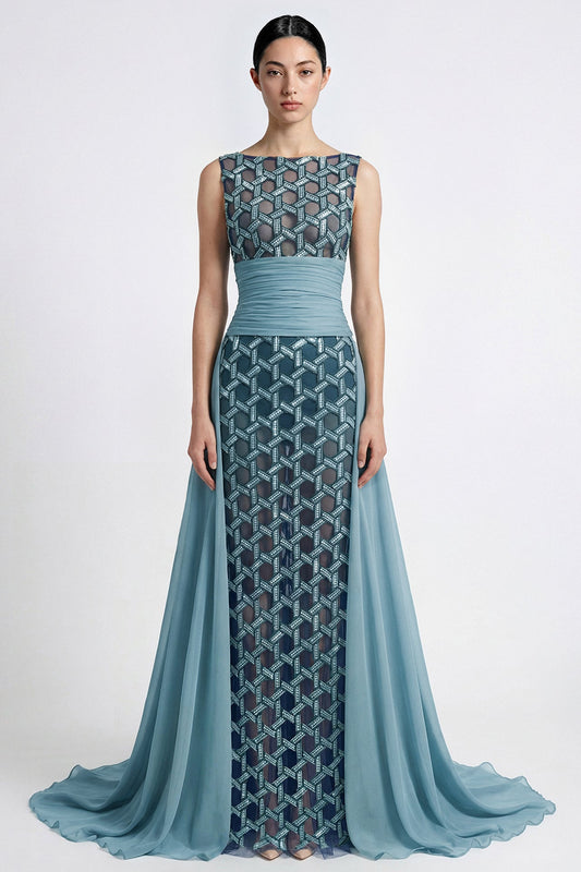 Bateau-Neck Beaded Overskirt Gown