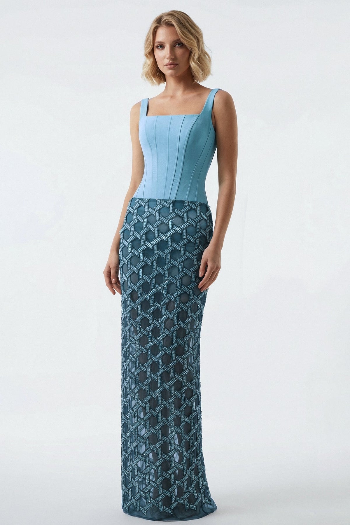 Square-Neck Corset Beaded Gown