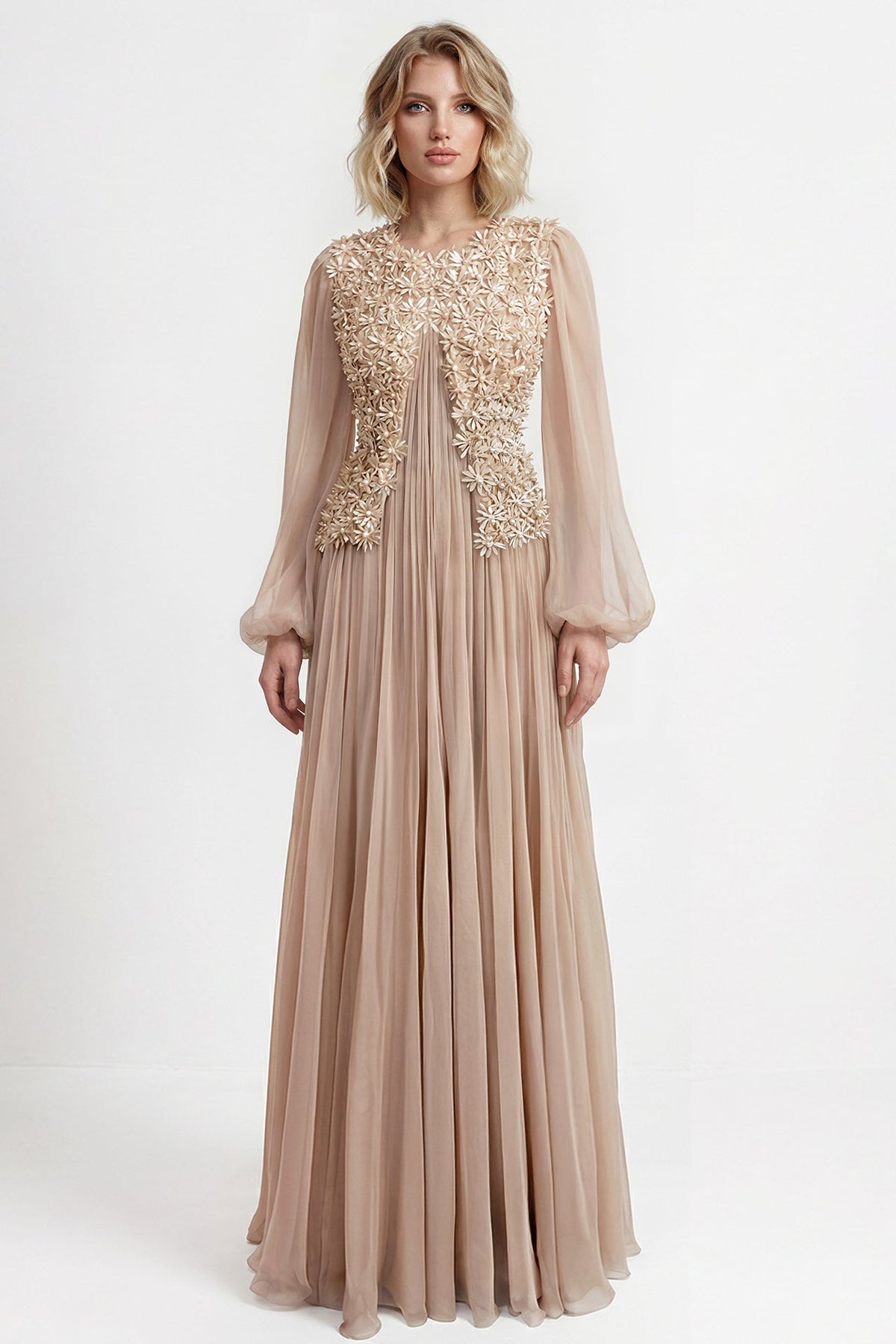 Embroidered Balloon-Sleeve Chiffon Gown
