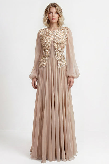 Embroidered Balloon-Sleeve Chiffon Gown