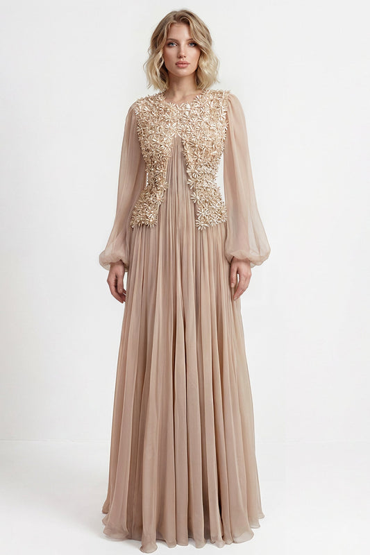 Embroidered Balloon-Sleeve Chiffon Gown