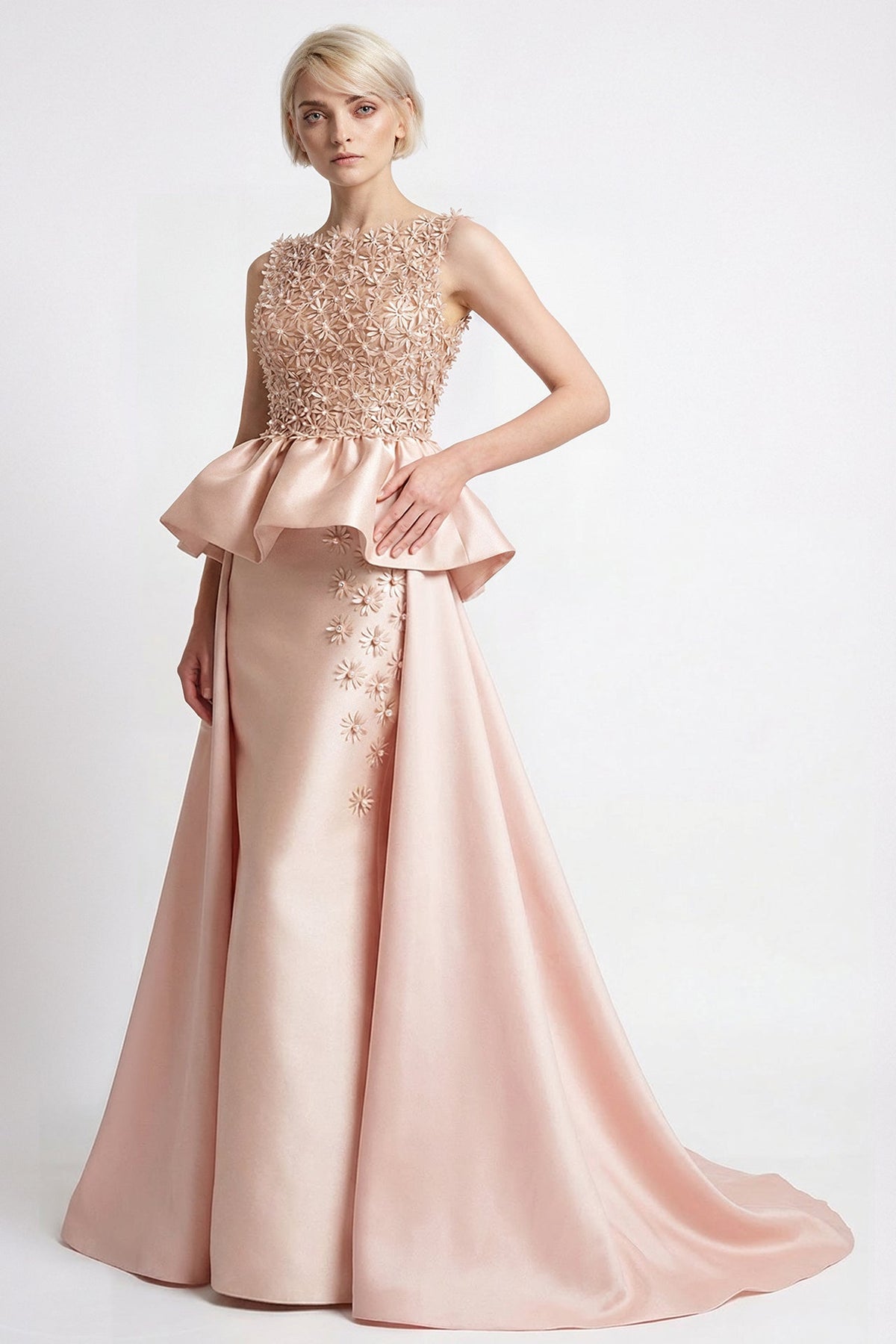 Floral Appliqué Peplum Gown