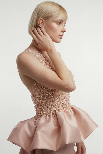 Floral Appliqué Peplum Gown