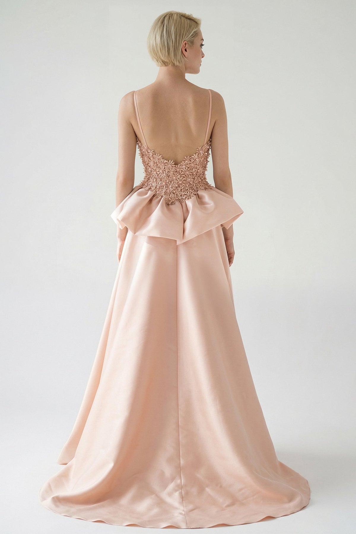 Floral Appliqué Peplum Gown