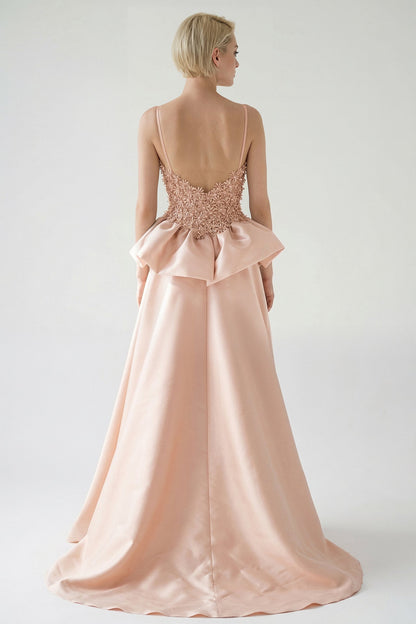 Floral Appliqué Peplum Gown