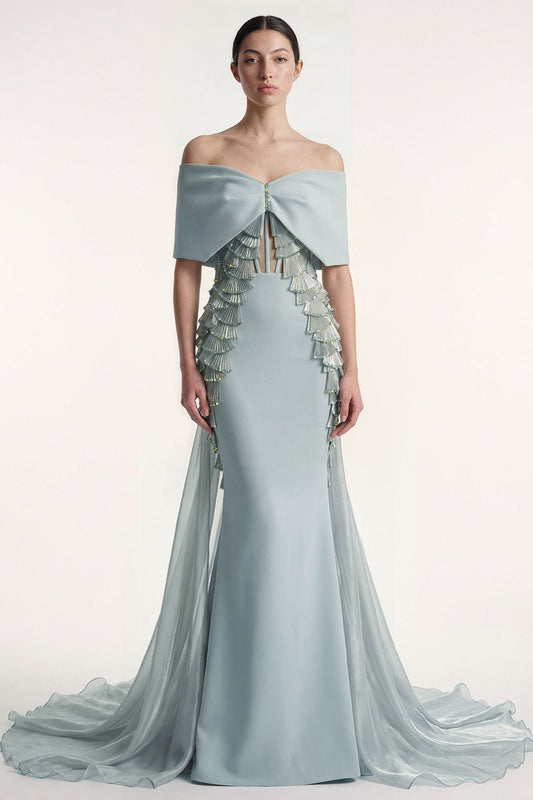 Off-Shoulder Draped Train Gown