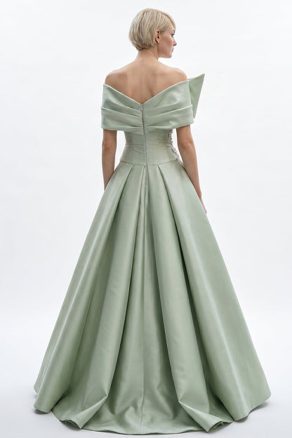 Off-Shoulder Pleated Satin Gown