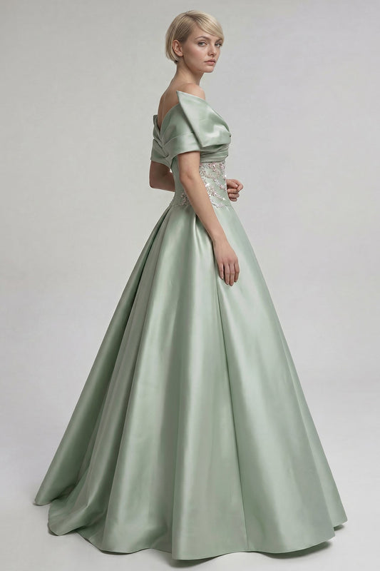 Off-Shoulder Pleated Satin Gown