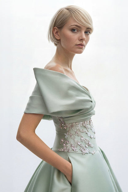 Off-Shoulder Pleated Satin Gown