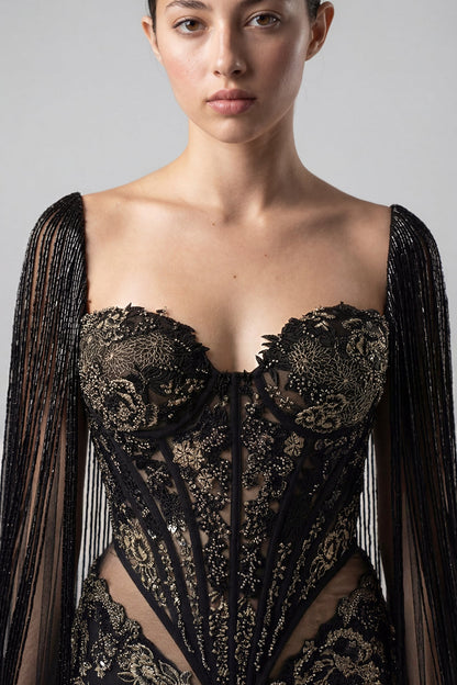 Fringe Cape-Sleeve Corset Gown